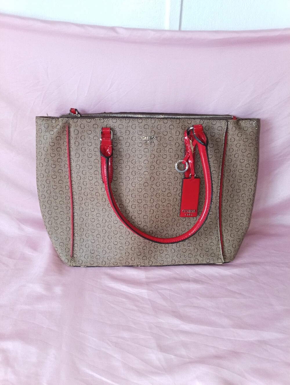 Guess Women's Purse Handbag Tinley Tote Mocha Multi/Red